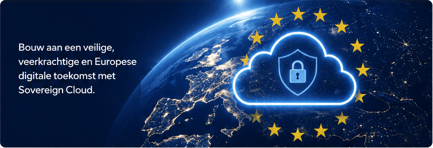 Glowing cloud with a lock shield over Europe, encircled by EU stars on a dark blue banner promoting Sovereign Cloud.