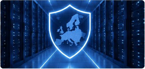 Blue shield with a Europe map glowing over a data center's server racks, symbolizing cybersecurity.